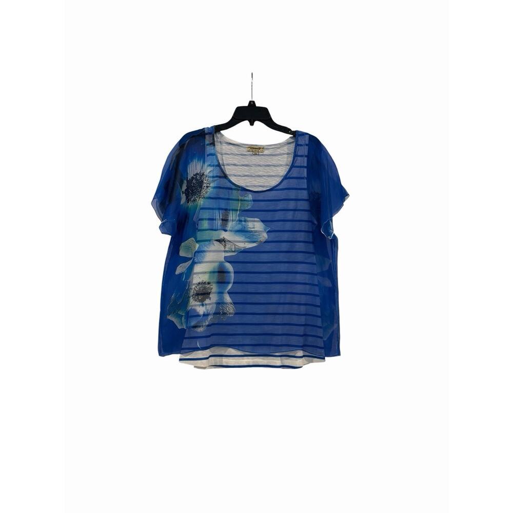 Women’s One World Sheer Layered Blue Floral & Striped Top Size L Tropical Beach